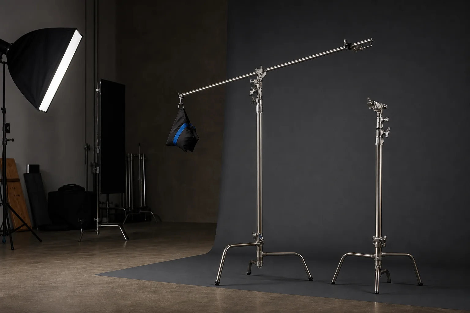 Photography grip stands and support equipment arranged on a dark studio set