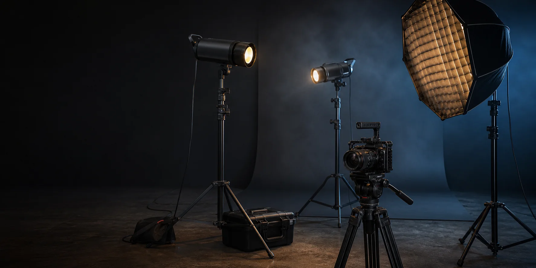 Photography lights and grip stands positioned around a controlled studio scene